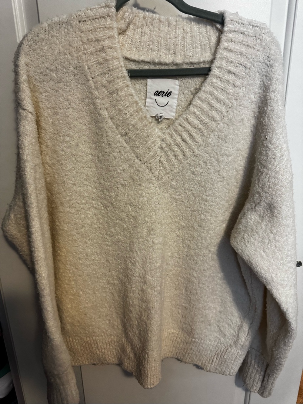 aerie Cream Textured V-Neck Pullover